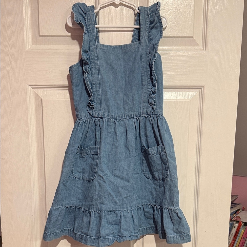Hanna Andersson Girls Chambray Ruffle Overall Dress (Size 130 / US 8)